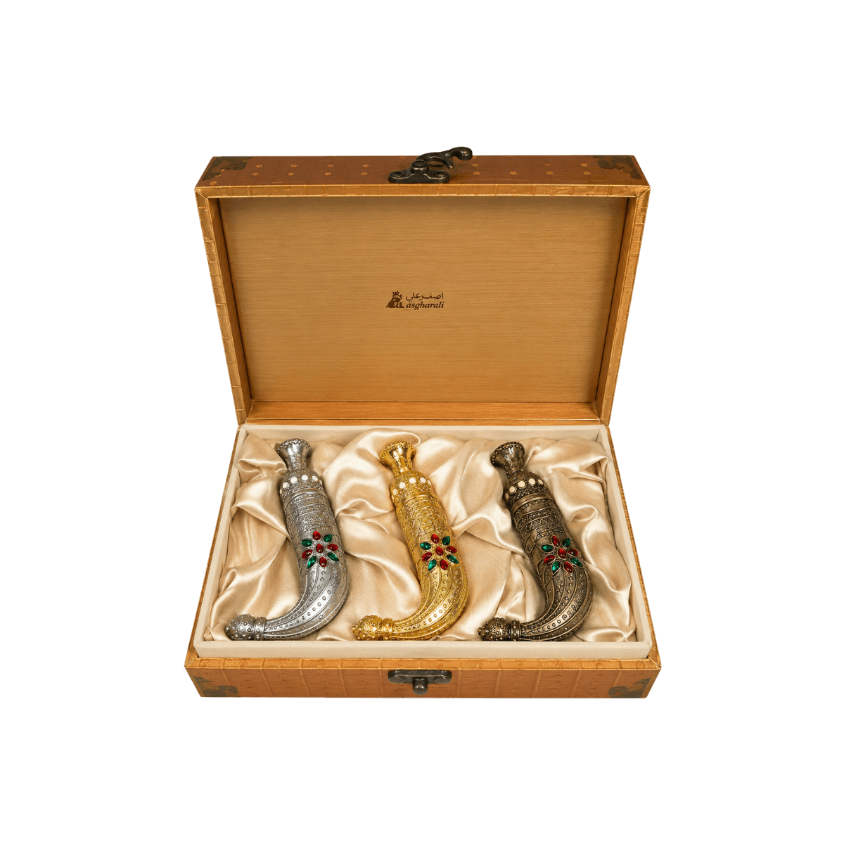 Asgharali Funoon Gift Set Attar 3x6ml detalhe embalagem