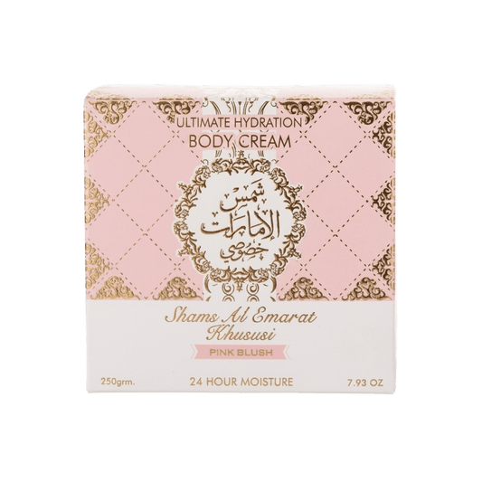 Ard Al Zaafaran Shams Al Emarat Khususi Pink Blush Body Cream 250g embalagem original